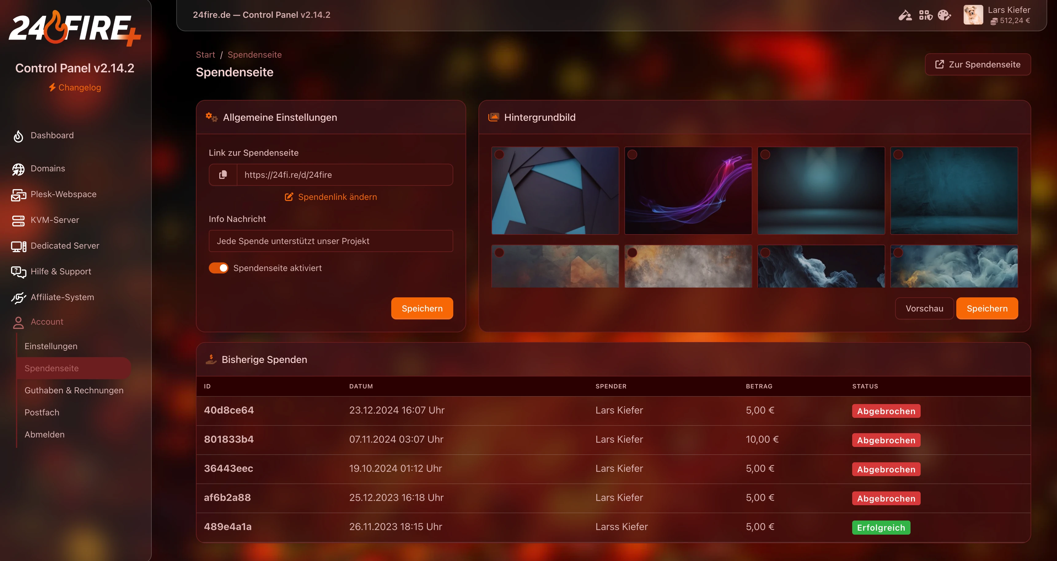 24fire Control Panel Screenshot v1.14.4