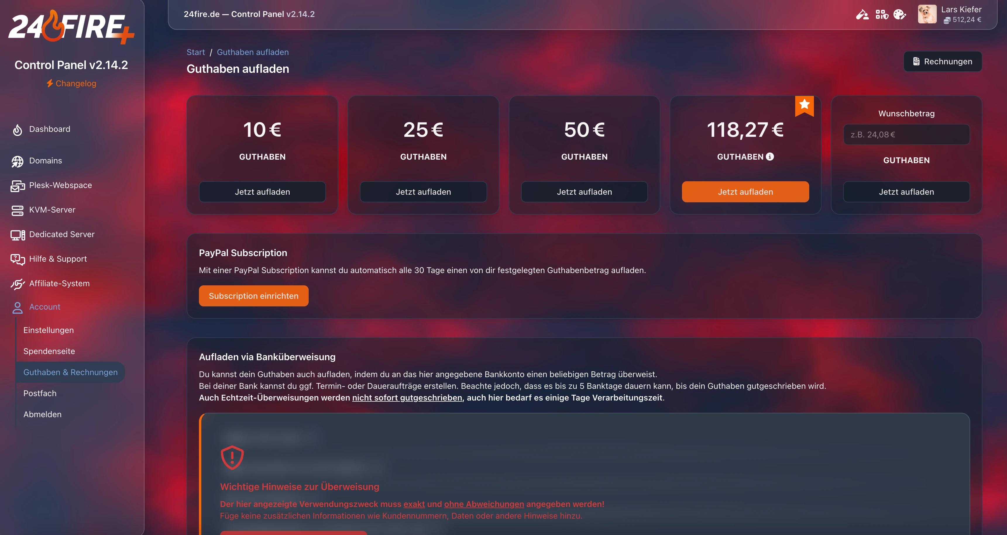 24fire Control Panel Screenshot v1.14.4